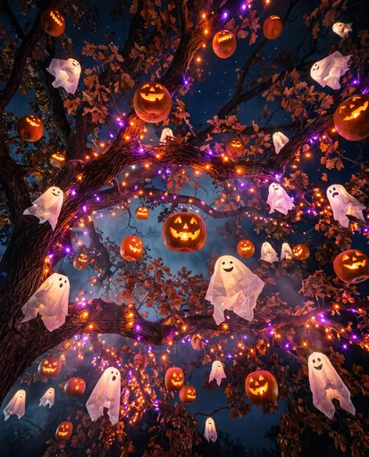Halloween Tree With Ghosts and Pumpkins