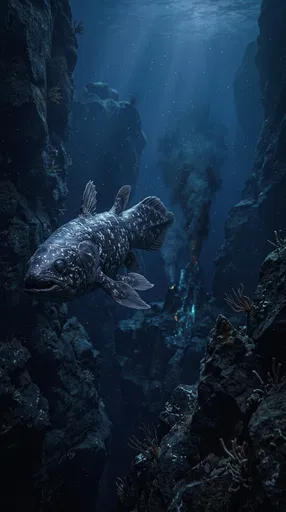 Coelacanth Swimming in Deep Volcanic Canyon