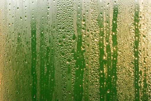 Condensation Droplets on Sunlit Green Glass