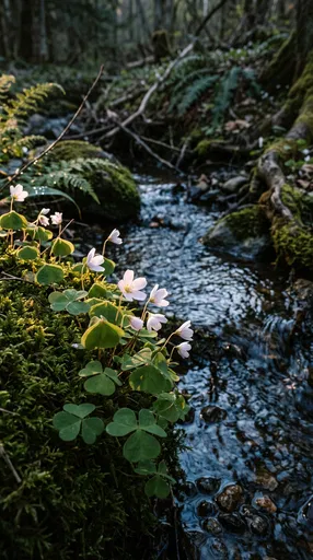Wood Sorrel Blooming Beside Forest Stream