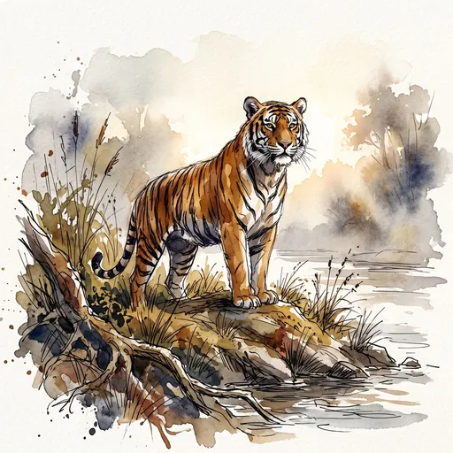 Watercolor and Ink Sketch of a Tiger
