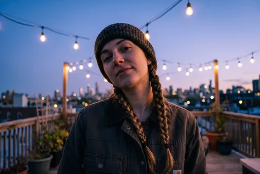 Woman With Braids on Twilight Rooftop