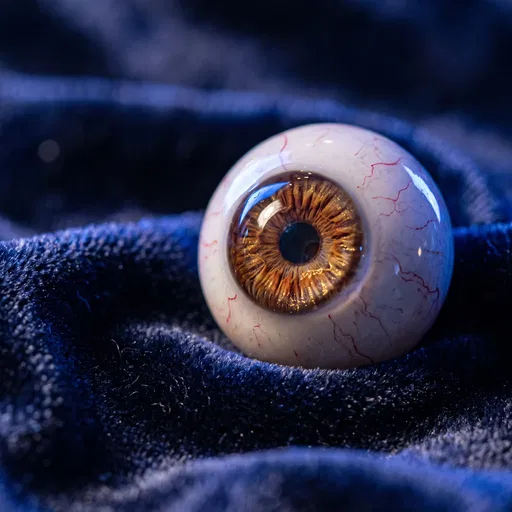 Prosthetic Brown Glass Eyeball on Blue Velvet