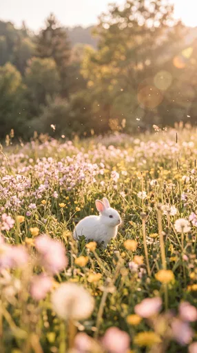 White Bunny in Golden Hour Meadow
