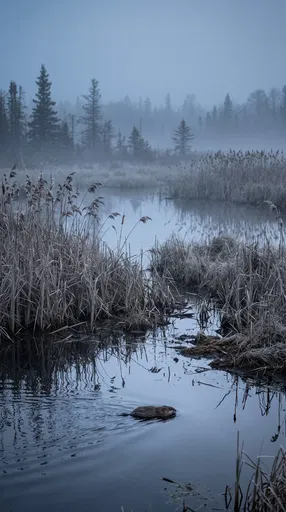 Muskrat Swimming in Misty Northern Bog