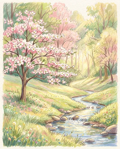 Pastel Spring Forest With Dogwood and Brook