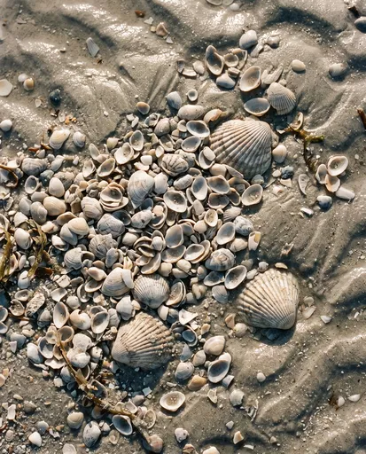Seashells on Wet Rippled Beach Sand