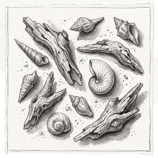 Graphite Sketch of Seashells and Driftwood
