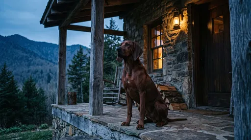 Redbone Coonhound on Mountain Cabin Porch