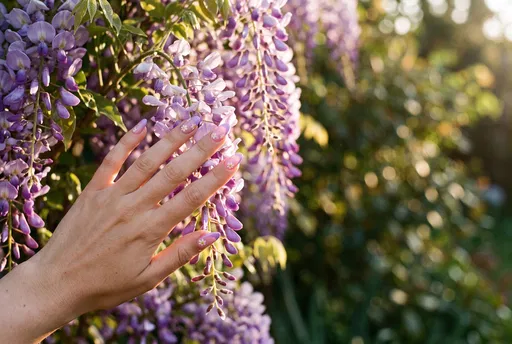 Hand With Lilac Daisy Nails Touching Wisteria