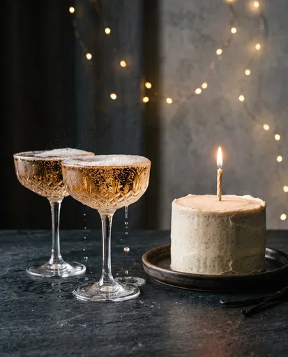 Champagne Glasses and Minimalist Birthday Cake