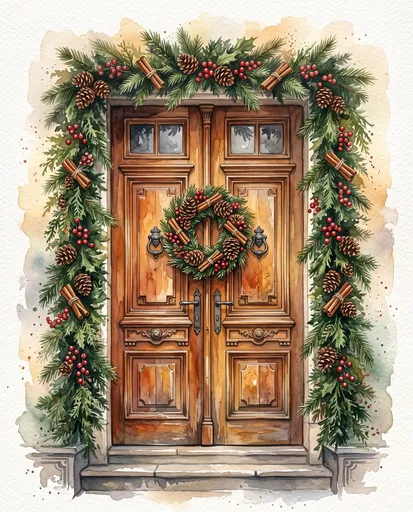 Watercolor Christmas Door with Festive Garland