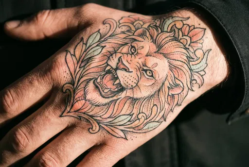 Close-Up of Neo-Traditional Lion Hand Tattoo