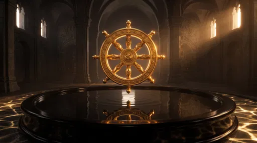 Golden Dharmachakra Wheel Over Obsidian Basin
