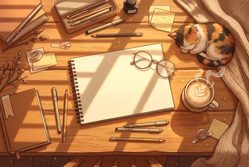 Cozy Anime Study Desk With Sleeping Kitten