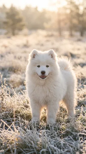 Fluffy White Samoyed Puppy in Frosty Meadow