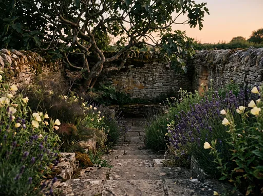 Sunken Stone Garden Steps at Dusk