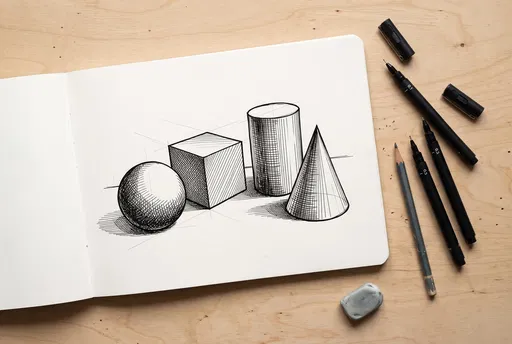 Geometric Solids Ink Sketch in Notebook
