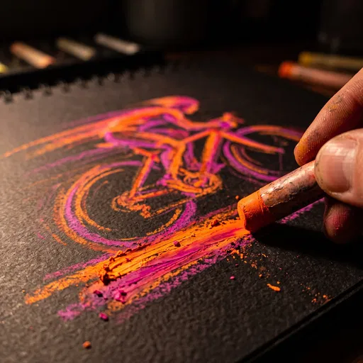 Hand Drawing Neon Cyclist With Oil Pastel