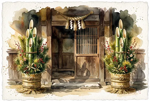 Watercolor Japanese New Year Kadomatsu Entrance