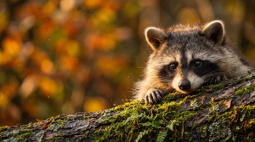 Young Raccoon Resting on Mossy Log
