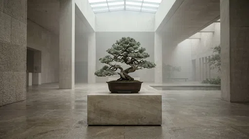 Bonsai Tree in Minimalist Stone Atrium