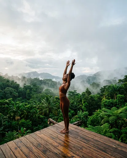 Woman Doing Yoga on Tropical Deck