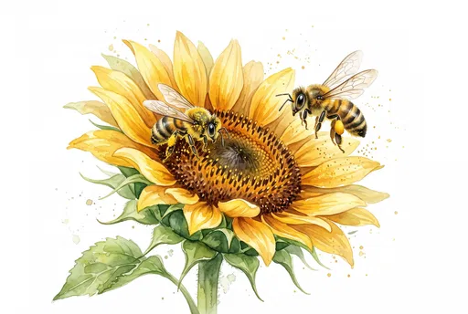 Watercolor Honeybees on Bright Sunflower