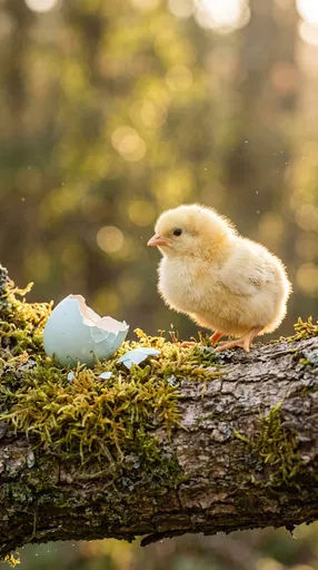 Fluffy Yellow Chick with Cracked Blue Eggshell