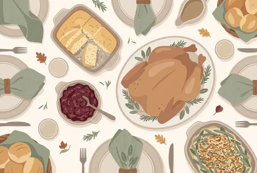 Overhead Illustration of Thanksgiving Dinner Spread