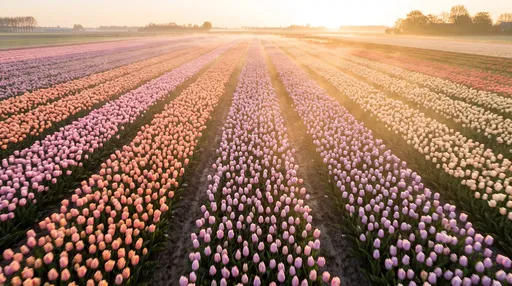 Pastel Tulip Field at Misty Sunrise