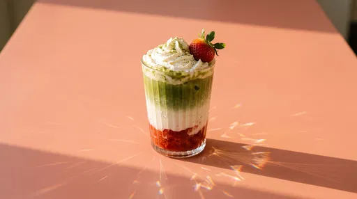 Layered Strawberry Matcha Latte on Coral Table