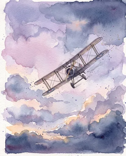 Watercolor WW1 Biplane in Twilight Clouds
