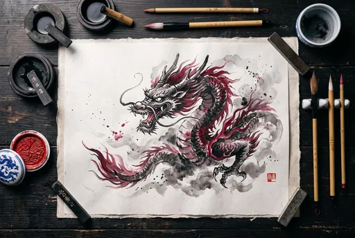 Traditional Ink Dragon Painting Flat Lay