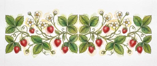 Symmetrical Watercolor Strawberry Vine Frieze