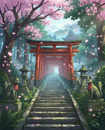 Mystical Shrine Torii Gates and Cherry Blossoms