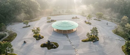Circular Pavilion in Misty Zen Garden