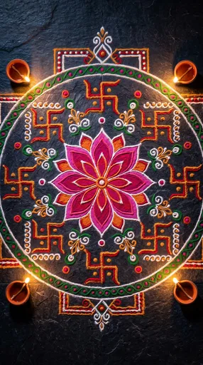 Traditional Rangoli Design with Lotus and Diyas