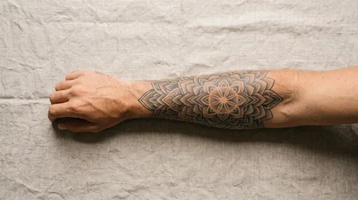 Forearm With Geometric Mandala Tattoo on Linen