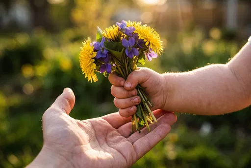 Toddler Giving Wildflower Bouquet to Mother
