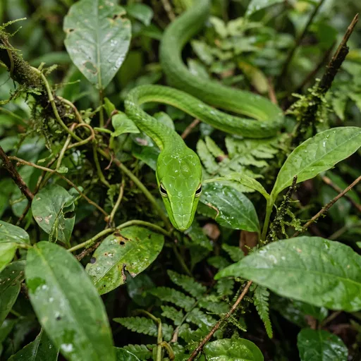 Green Vine Snake in Tropical Foliage