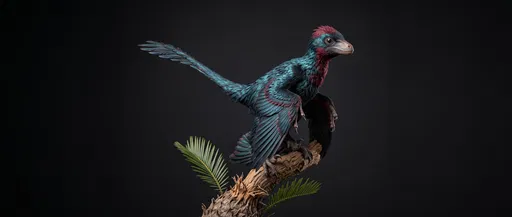 Feathered Microraptor Perched on Cycad Branch