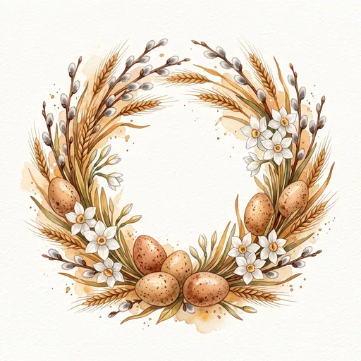 Watercolor Easter Wreath with Eggs and Wheat
