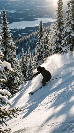 Skier Carving Powder on Mountain Slope