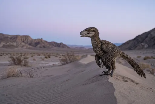 Feathered Velociraptor on Desert Sand Dune