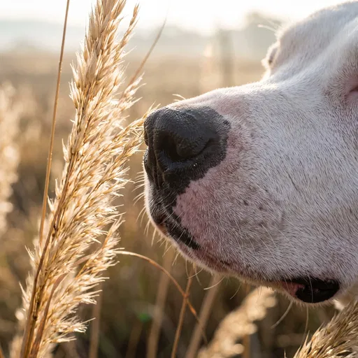 Close-Up of White Dog Sniffing Grass