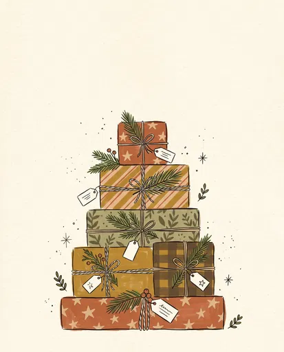 Stacked Christmas Gifts Earthy Illustration