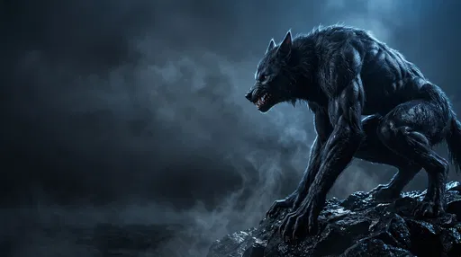 Black Werewolf Crouched on Wet Rock