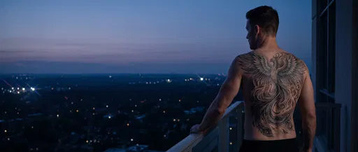 Man With Phoenix Back Tattoo at Dusk