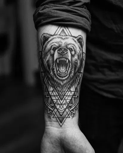 Monochrome Geometric Grizzly Bear Forearm Tattoo